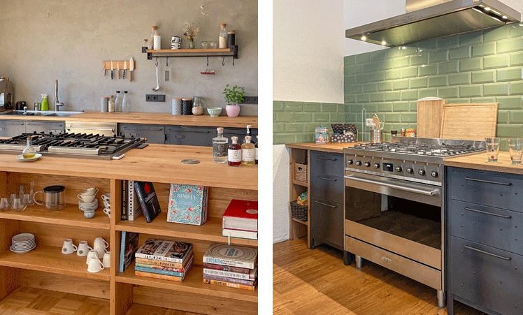 Authentic kitchen Küche mit Insel und Regal,
 Küche mit grünen Metrofliesen